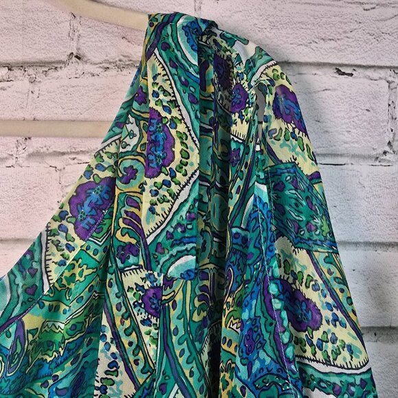 CACHE 100% SILK ONE-SHOULDER GREEN AND BLUE PAISLEY PRINT BLOUSE WOMENS SIZE MED - Picture 5 of 10